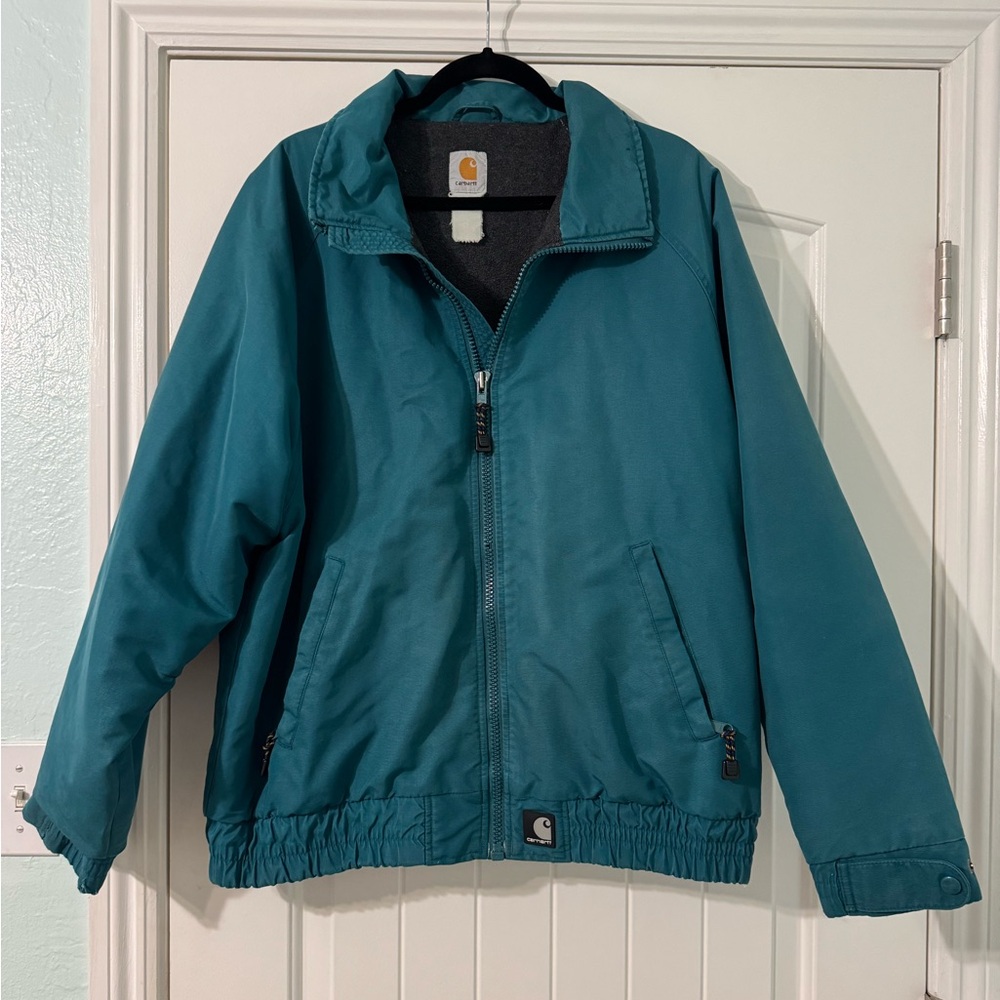 VINTAGE MENS CARHARTT FLEECE LINED WIND RESITANT TEAL GREEN ZIPPERED JACKET